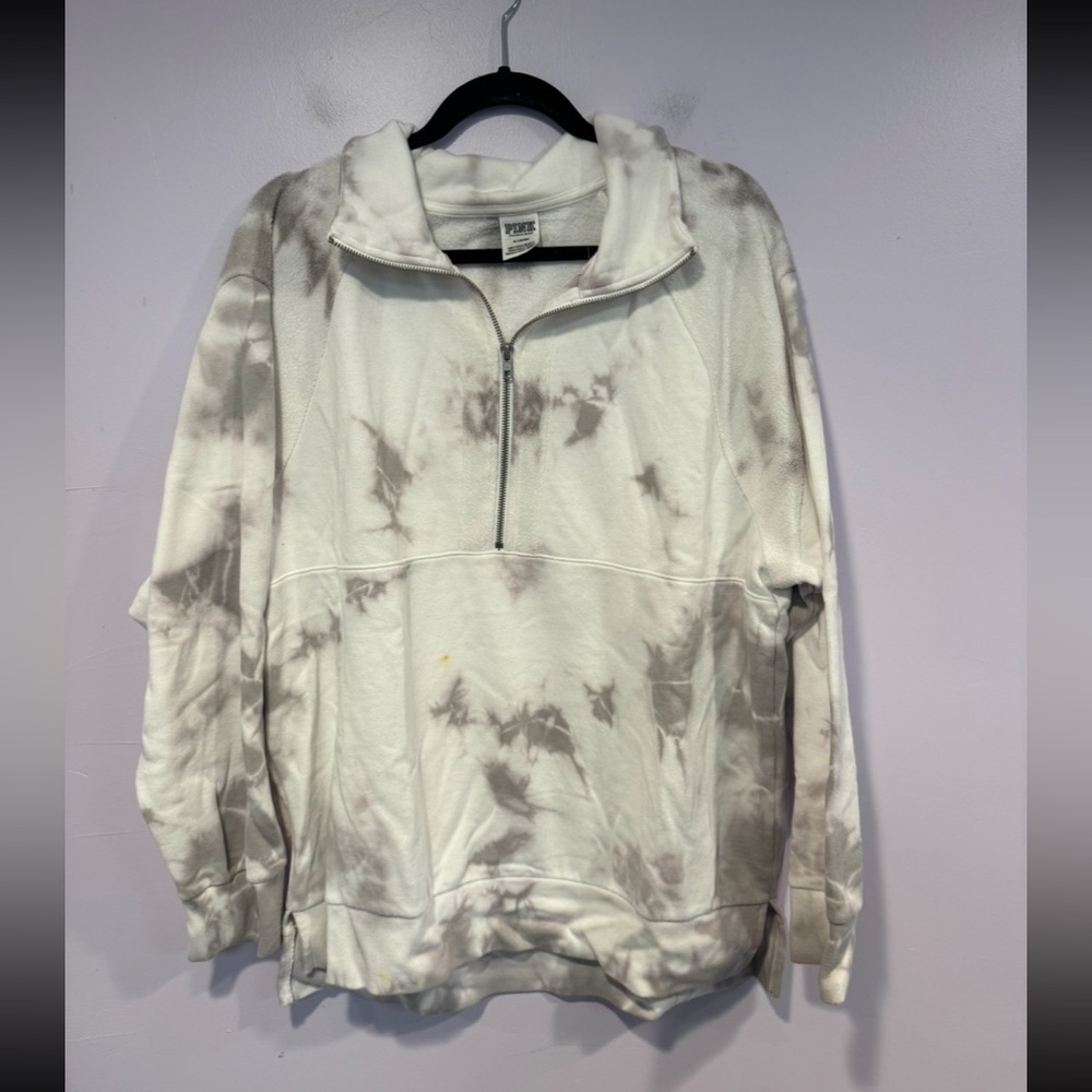 White and Grey tie dye oversized Victoria's Secret pink quarter zip sweatshirt